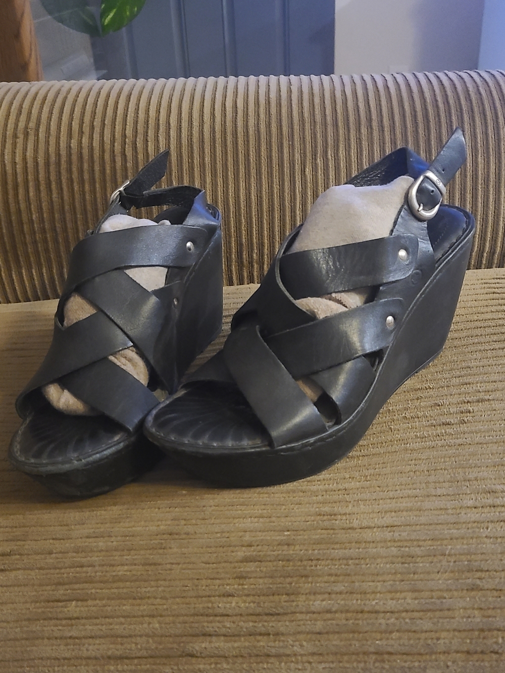 Born Black Crisscross Leather Wedge Sandals